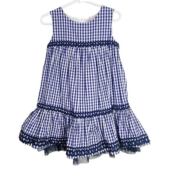 Blumarine Baby Dress Italy 4 Blue White Gingham Check Tiered Sleeveless A-Line - Picture 1 of 7